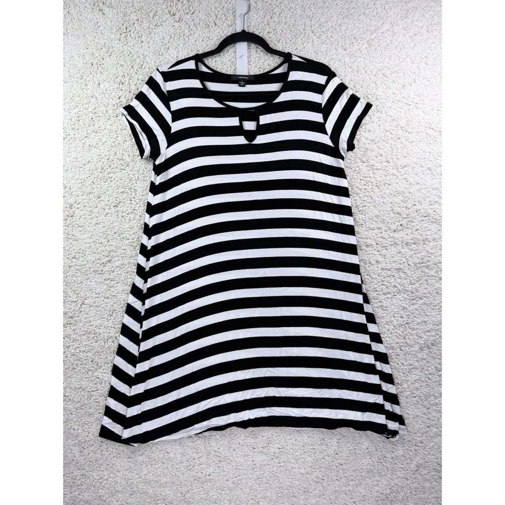 Espresso Tunic Top Women L Black White Striped Keyhole Short Sleeve A-Line